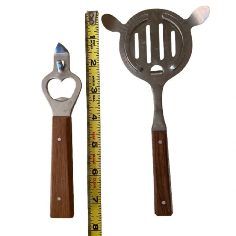 Vintage MCM Stainless Steel Bar Tool Set with Wood Handles 2 Piece Retro Rustic